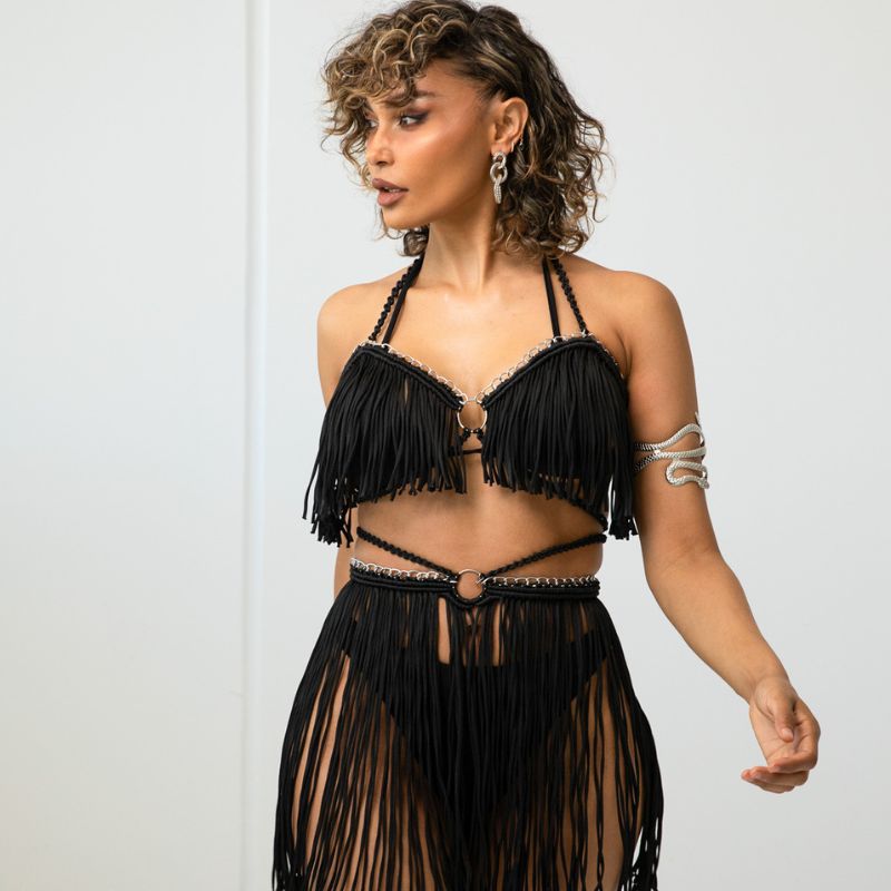 Black Macrame Festival Two-piece Resortwear Set